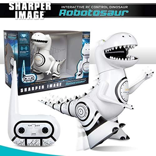  [아마존베스트]SHARPER IMAGE Interactive RC Robotosaur Dinosaur, Built-in Mood Sensors and Color-Changing LED Eyes, Motion Detection, Growls, Snores, Battery Operated- White/Black