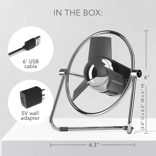  Sharper Image SBM1-SI USB Fan with Soft Blades, 2 Speeds, Touch Control, Quiet Operation, Metal Frame, 5V Wall Adapter, 6 ft. Cable, Black/Chrome