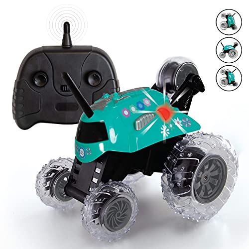  SHARPER IMAGE Thunder Tumbler Toy RC Car for Kids, Remote Control Monster Spinning Stunt Mini Truck for Girls and Boys, Racing Flips and Tricks with 5th Wheel, 49 MHz Teal