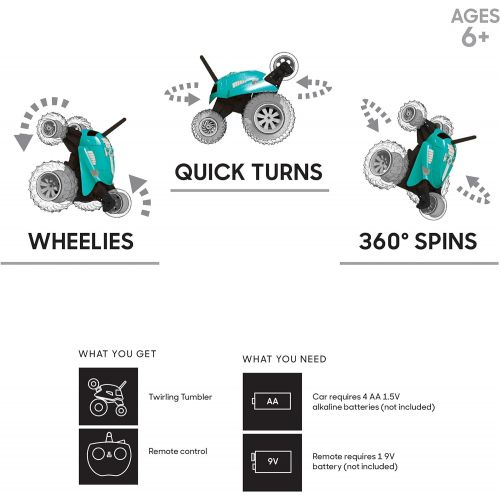  SHARPER IMAGE Thunder Tumbler Toy RC Car for Kids, Remote Control Monster Spinning Stunt Mini Truck for Girls and Boys, Racing Flips and Tricks with 5th Wheel, 49 MHz Teal