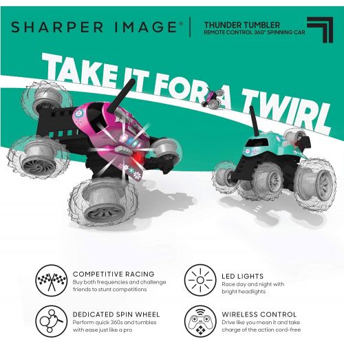  SHARPER IMAGE Thunder Tumbler Toy RC Car for Kids, Remote Control Monster Spinning Stunt Mini Truck for Girls and Boys, Racing Flips and Tricks with 5th Wheel, 49 MHz Teal