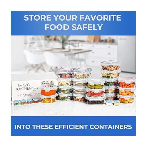  Shazo HUGE set 54 Pack Food Storage Containers with Airtight Lids, 27 containers+27 Lids, Meal Prep Snap Lids Lunch/Bento Box - BPA Free Freezer Safe - Kitchen Plastic Storage Container Set