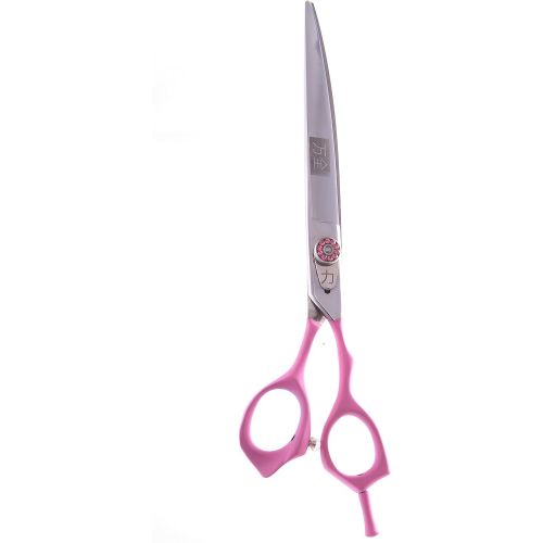  ShearsDirect Japanese 440C Curved Off Set Handle Design Cutting Shears with Pink Rubber Grip Handle and Adjustable Tension Knob, 8.0-Inch