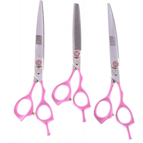  ShearsDirect 40 3 Tooth Blender Shear Set, Includes 8.0-Inch Straight, 8.0-Inch Curved and 7.0-Inch with Pink Rubber Handle for Added Comfort