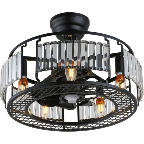  Sheen Elf 19 Inch Industrial Ceiling Fan with Lights, Caged Ceiling Fan Light Black, Crystal Ceiling Fans Light Fixture with Remote for Kitchen, Living Room, Matte Black 5xE12 Bulb Base (No