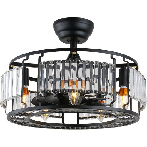  Sheen Elf 19 Inch Industrial Ceiling Fan with Lights, Caged Ceiling Fan Light Black, Crystal Ceiling Fans Light Fixture with Remote for Kitchen, Living Room, Matte Black 5xE12 Bulb Base (No