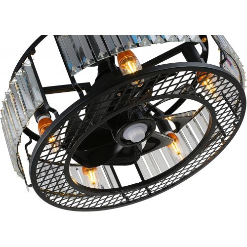  Sheen Elf 19 Inch Industrial Ceiling Fan with Lights, Caged Ceiling Fan Light Black, Crystal Ceiling Fans Light Fixture with Remote for Kitchen, Living Room, Matte Black 5xE12 Bulb Base (No