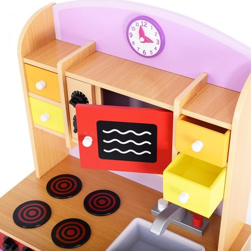  FDInspiration 39.3 Wood Kids Cooking Pretend Play Set Toddler Kitchen Toy Playset Storage Shelves w Removable Sink with Ebook