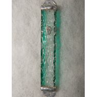 /ShepselArtJudaica Two Tone Clear & Green Glass Mezuzah Case - Handmade Mezuzah Case from Israel