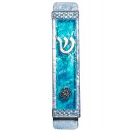 ShepselArtJudaica Aqua Blue Decorative Glass Mezuzah Case - Handmade Mezuzah Case from Israel