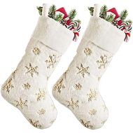 SherryDC White Plush Christmas Stockings 2 Pack, 18 Gold Snowflake Sequin Embroidered Fireplace Hanging Stockings Set for Christmas Decoration