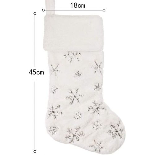  SherryDC White Plush Christmas Stockings 2 Pack, 18 Gold Snowflake Sequin Embroidered Fireplace Hanging Stockings Set for Christmas Decoration