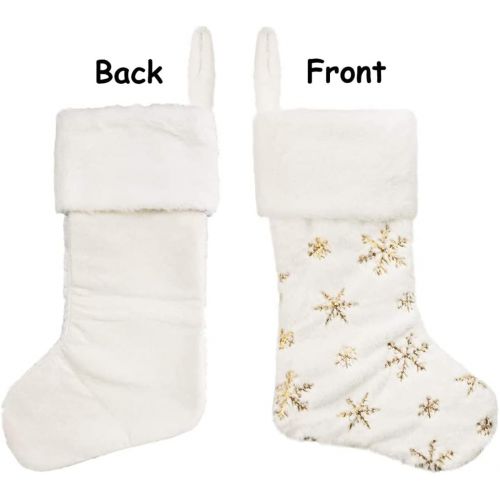  SherryDC White Plush Christmas Stockings 2 Pack, 18 Gold Snowflake Sequin Embroidered Fireplace Hanging Stockings Set for Christmas Decoration