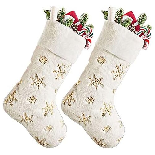  SherryDC White Plush Christmas Stockings 2 Pack, 18 Gold Snowflake Sequin Embroidered Fireplace Hanging Stockings Set for Christmas Decoration