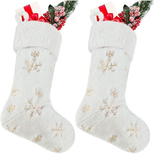  SherryDC White Plush Christmas Stockings 2 Pack, 18 Gold Snowflake Sequin Embroidered Fireplace Hanging Stockings Set for Christmas Decoration