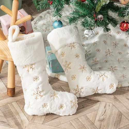  SherryDC White Plush Christmas Stockings 2 Pack, 18 Gold Snowflake Sequin Embroidered Fireplace Hanging Stockings Set for Christmas Decoration