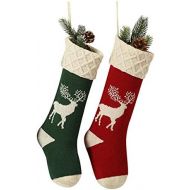 SherryDC Reindeer Knit Christmas Stockings 2 Pack, Red/Green, 18 inches Large Size Fireplace Hanging Socks for Holiday Decorations