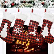 SherryDC 4 Pack 18 Inch Buffalo Plaid Christmas Stockings Faux Fur Cuff Christmas Tree Snowman Reindeer Snowflake Patterned Funny Xmas Fireplace Hanging Stockings