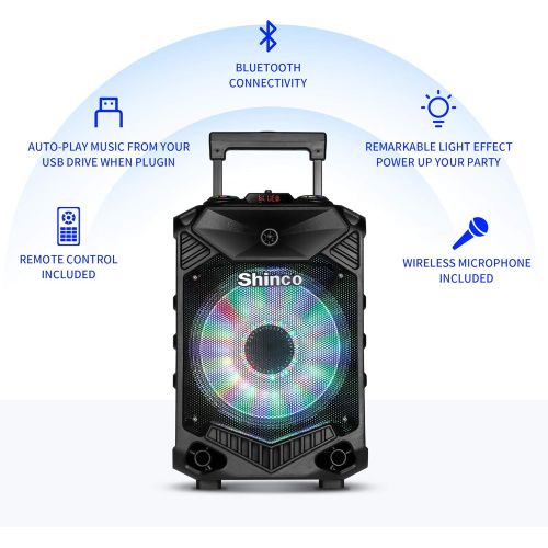  [아마존베스트]Shinco Bluetooth Karaoke Machine, 12-inch Subwoofer Karaoke Speaker, Portable PA System with Wireless Microphone, Flashing Party Light