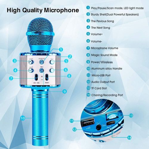  ShinePick Karaoke Wireless Microphone, 4 in 1 Karaoke Machine Portable Microphone for Kids, Home KTV Player, Compatible with Android & iOS Devices (Blue)