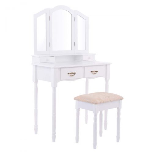  Shining Tri Folding Mirror Vanity Makeup Table Stool Set Home Furni with 4 Drawer White