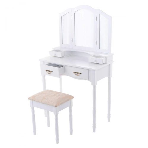  Shining Tri Folding Mirror Vanity Makeup Table Stool Set Home Furni with 4 Drawer White