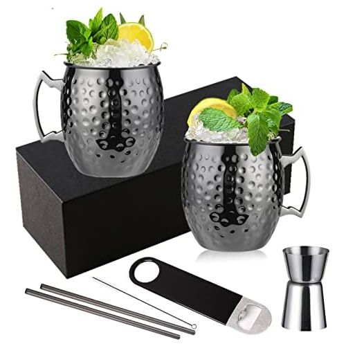  [아마존베스트]Shining Craft Moscow Mule Mugs Set of 2 - Food Safe Pure Solid Hammered Mugs 18 oz/ 550ml With Brass Handle and Stainless, Unlined Cups For Moscow Mule Cocktails and other Chilled Drinks (Black)