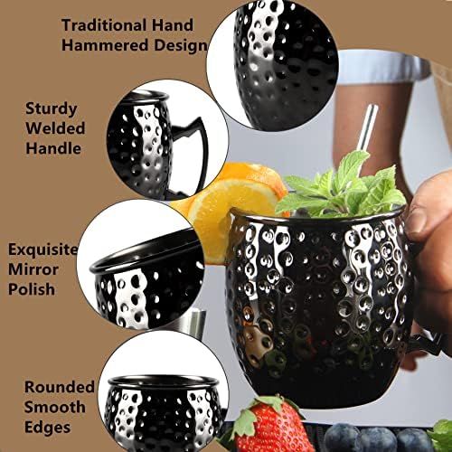  [아마존베스트]Shining Craft Moscow Mule Mugs Set of 2 - Food Safe Pure Solid Hammered Mugs 18 oz/ 550ml With Brass Handle and Stainless, Unlined Cups For Moscow Mule Cocktails and other Chilled Drinks (Black)