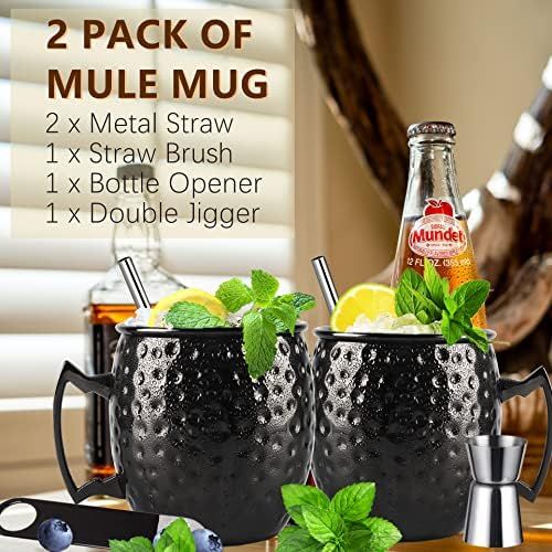  [아마존베스트]Shining Craft Moscow Mule Mugs Set of 2 - Food Safe Pure Solid Hammered Mugs 18 oz/ 550ml With Brass Handle and Stainless, Unlined Cups For Moscow Mule Cocktails and other Chilled Drinks (Black)