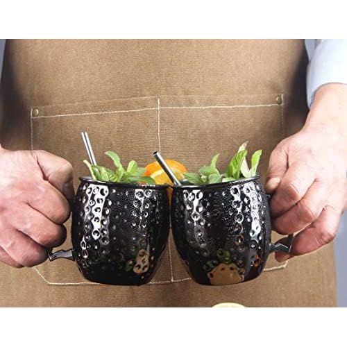  [아마존베스트]Shining Craft Moscow Mule Mugs Set of 2 - Food Safe Pure Solid Hammered Mugs 18 oz/ 550ml With Brass Handle and Stainless, Unlined Cups For Moscow Mule Cocktails and other Chilled Drinks (Black)