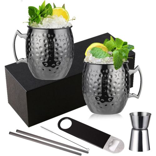  [아마존베스트]Shining Craft Moscow Mule Mugs Set of 2 - Food Safe Pure Solid Hammered Mugs 18 oz/ 550ml With Brass Handle and Stainless, Unlined Cups For Moscow Mule Cocktails and other Chilled Drinks (Black)