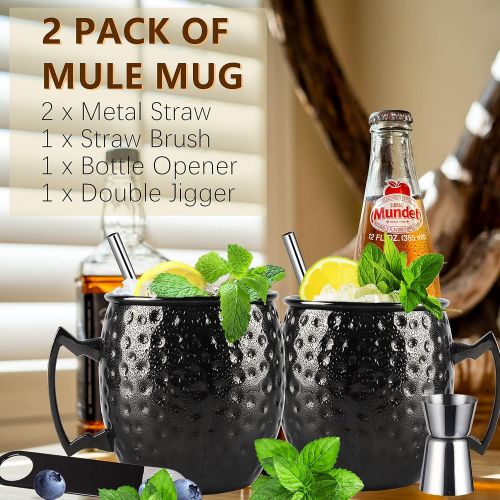  [아마존베스트]Shining Craft Moscow Mule Mugs Set of 2 - Food Safe Pure Solid Hammered Mugs 18 oz/ 550ml With Brass Handle and Stainless, Unlined Cups For Moscow Mule Cocktails and other Chilled Drinks (Black)