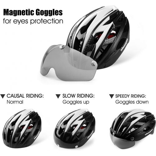  Bike Helmet,Shinmax CPSC/CPC Certificated Bicycle Helmet with Detachable Magnetic Goggles&Led Back Light&Portable Backpack Cycling Helmet Adjustable Mountain Bike Helmet for Adult