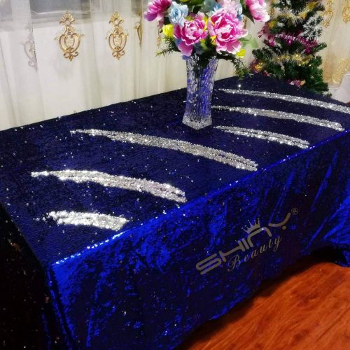  ShinyBeauty Sequin Tablecloth 90x132 Inch Silver and Blue Sequin Tablecloth Rectangle Glitter Table Cloths Small Blue Sequin Tablecloth for Christmas~Y1201