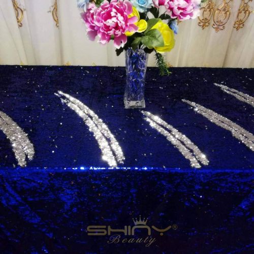  ShinyBeauty Sequin Tablecloth 90x132 Inch Silver and Blue Sequin Tablecloth Rectangle Glitter Table Cloths Small Blue Sequin Tablecloth for Christmas~Y1201