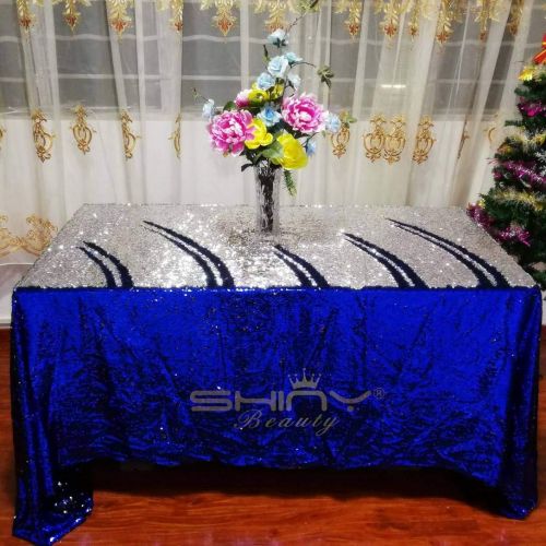  ShinyBeauty Sequin Tablecloth 90x132 Inch Silver and Blue Sequin Tablecloth Rectangle Glitter Table Cloths Small Blue Sequin Tablecloth for Christmas~Y1201