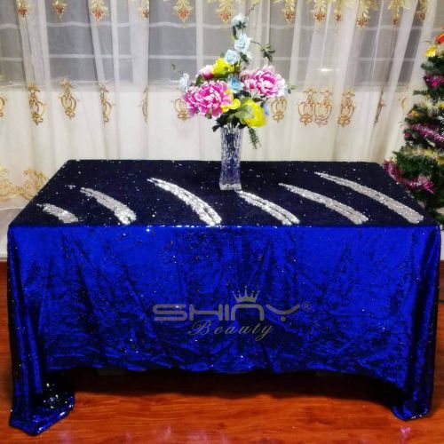  ShinyBeauty Sequin Tablecloth 90x132 Inch Silver and Blue Sequin Tablecloth Rectangle Glitter Table Cloths Small Blue Sequin Tablecloth for Christmas~Y1201