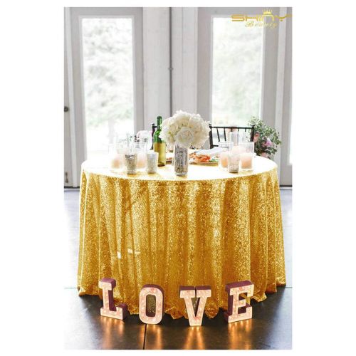  ShinyBeauty Sequin Gold Table Cloth 132Inch-Gold-Round Sequin Tablecloth Gold Table Linens-0809E