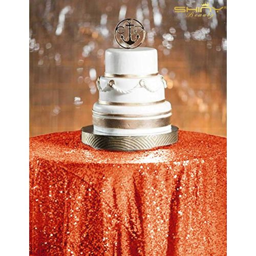  ShinyBeauty Sequin Orange Table Cloth 132Inch-Orange-Round Sequin Tablecloth Orange Table Linens-0809E