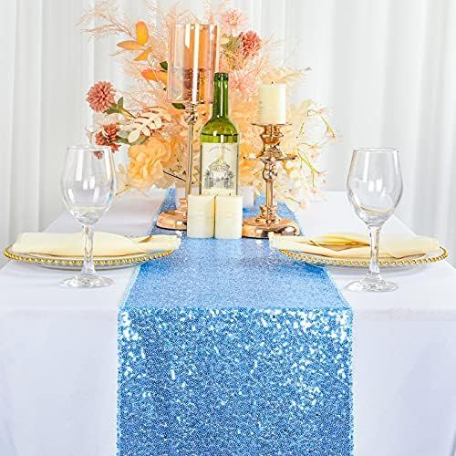  [아마존베스트]ShinyBeauty 12x72-Inch Rectangle-Baby Blue-Sequin Table Runner- for Wedding/Party/Decor-200111E