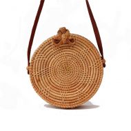 Shirleyle Womens Top Handle Satchel Womens Female Casual Handwoven Round Rattan Straw Beach Basket Package Shoulder Bag with Linen Inside and Bow Clasp PU Leather Straps Natural Retro Handba