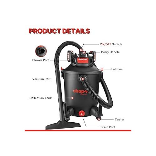  Shop-Vac 10 Gallon Wet Dry Vacuum Cleaner, 8.0 Peak Kpa Shop Vacuum with Blower Function, Cordless Vacuum Cleaner for Pet Hair, Jobsite, Garage, Home & Workshop