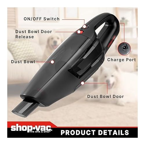  Shop-Vac Cordless Handheld Vacuum Cleaner, 12.0 Peak Kpa 12V High Power Handheld Vacuum Cordless Rechargeable, Dustbuster Handheld Vacuum with Attachments, Filters for Home, Garage, Car