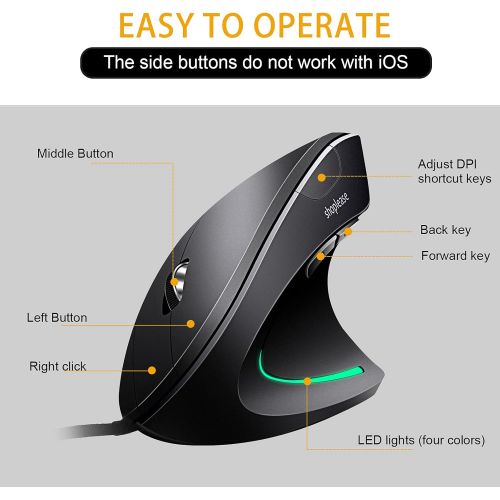  Shoplease Wired Vertical Mouse, Optical Ergonomic Mouse with 4 Adjustable DPI 800/1200/2000/3200, 5 Buttons USB Computer Mouse , Better for Large and Medium Sized Hands