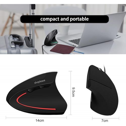  Shoplease Wired Vertical Mouse, Optical Ergonomic Mouse with 4 Adjustable DPI 800/1200/2000/3200, 5 Buttons USB Computer Mouse , Better for Large and Medium Sized Hands