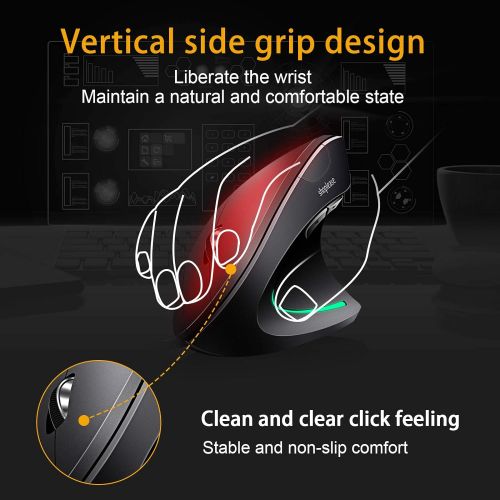  Shoplease Wired Vertical Mouse, Optical Ergonomic Mouse with 4 Adjustable DPI 800/1200/2000/3200, 5 Buttons USB Computer Mouse , Better for Large and Medium Sized Hands