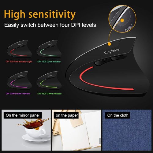  Shoplease Wired Vertical Mouse, Optical Ergonomic Mouse with 4 Adjustable DPI 800/1200/2000/3200, 5 Buttons USB Computer Mouse , Better for Large and Medium Sized Hands