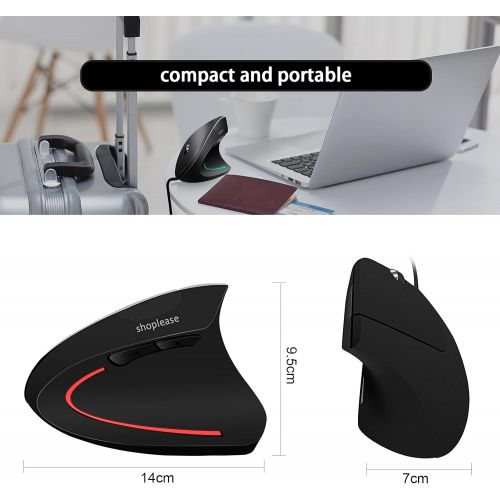  [아마존베스트]Shoplease Wired Vertical Mouse, Optical Ergonomic Mouse with 4 Adjustable DPI 800/1200/2000/3200, 6 Buttons USB Computer Mouse, Better for Large Hands, Black