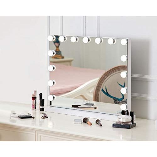  Showtime Hollywood Lighted Vanity Mirror with 15 Dimmable Bulbs, USB Charging port, 3 Light Modes, Frameless Tabletop or Wall Mounted Makeup Mirror with Smart Touch Control, W23xH18, White