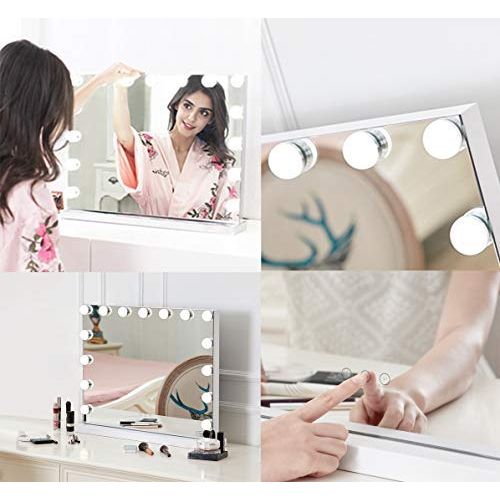  Showtime Hollywood Lighted Vanity Mirror with 15 Dimmable Bulbs, USB Charging port, 3 Light Modes, Frameless Tabletop or Wall Mounted Makeup Mirror with Smart Touch Control, W23xH18, White